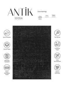 Antik Antrasit Halı Yıkanabilir Kaymaz Taban Şönil Kilim Dokuma Pamuk Taban Kilim 10105A