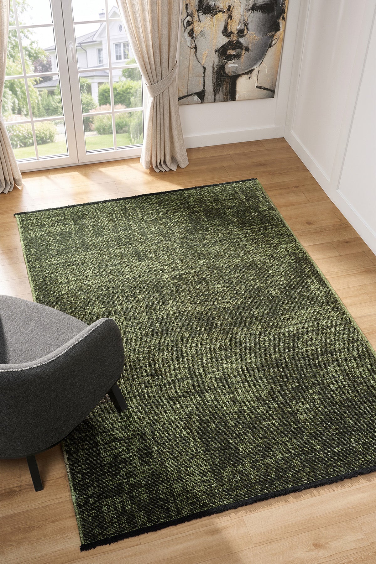 Antik Yeşil Halı Yıkanabilir Kaymaz Taban Şönil Kilim Dokuma Pamuk Taban Kilim 10287A