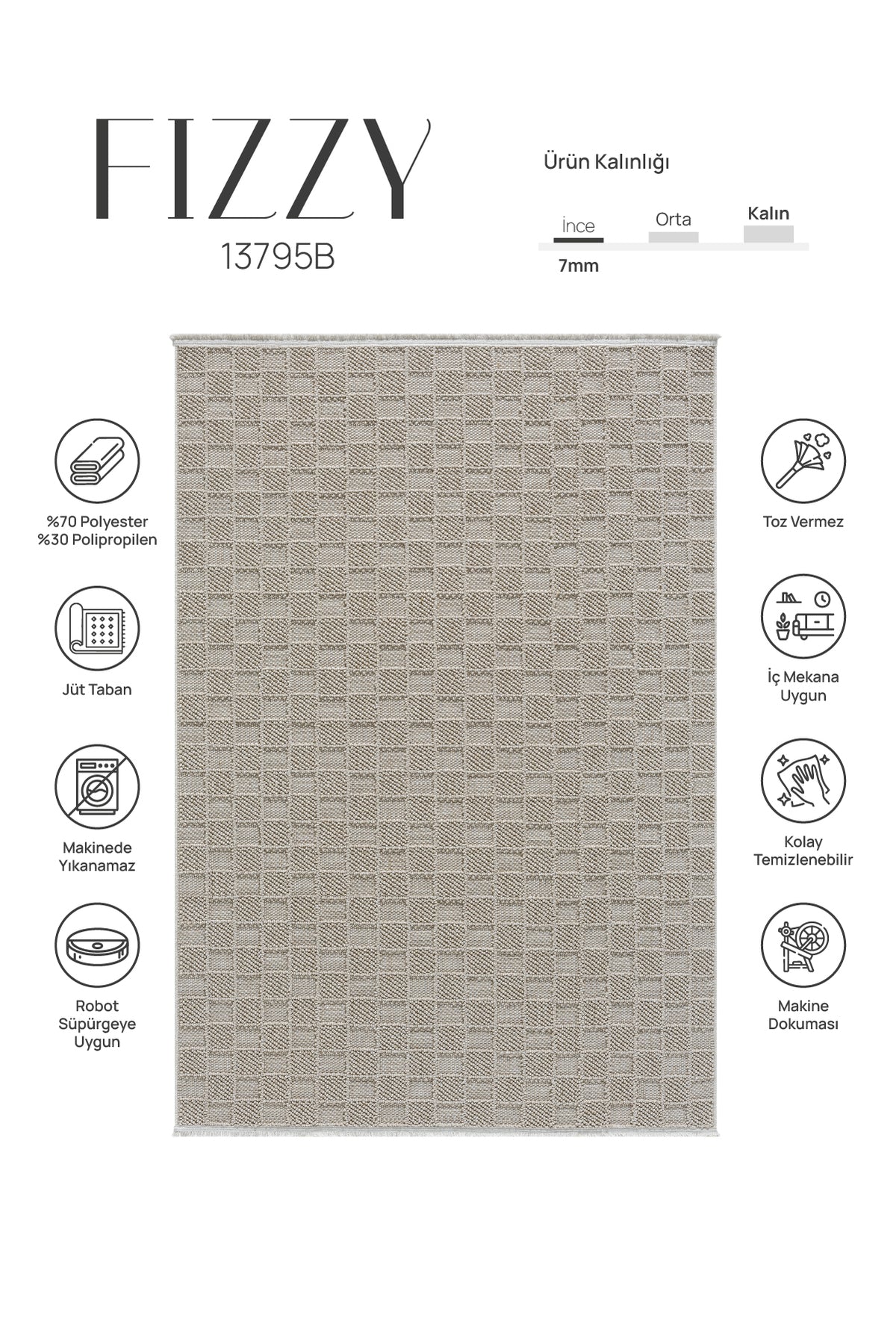 Fizy Bej Multi Halı Loop Sisal Halı Modern Dokuma Oturma Odası Salon Halısı 13795B