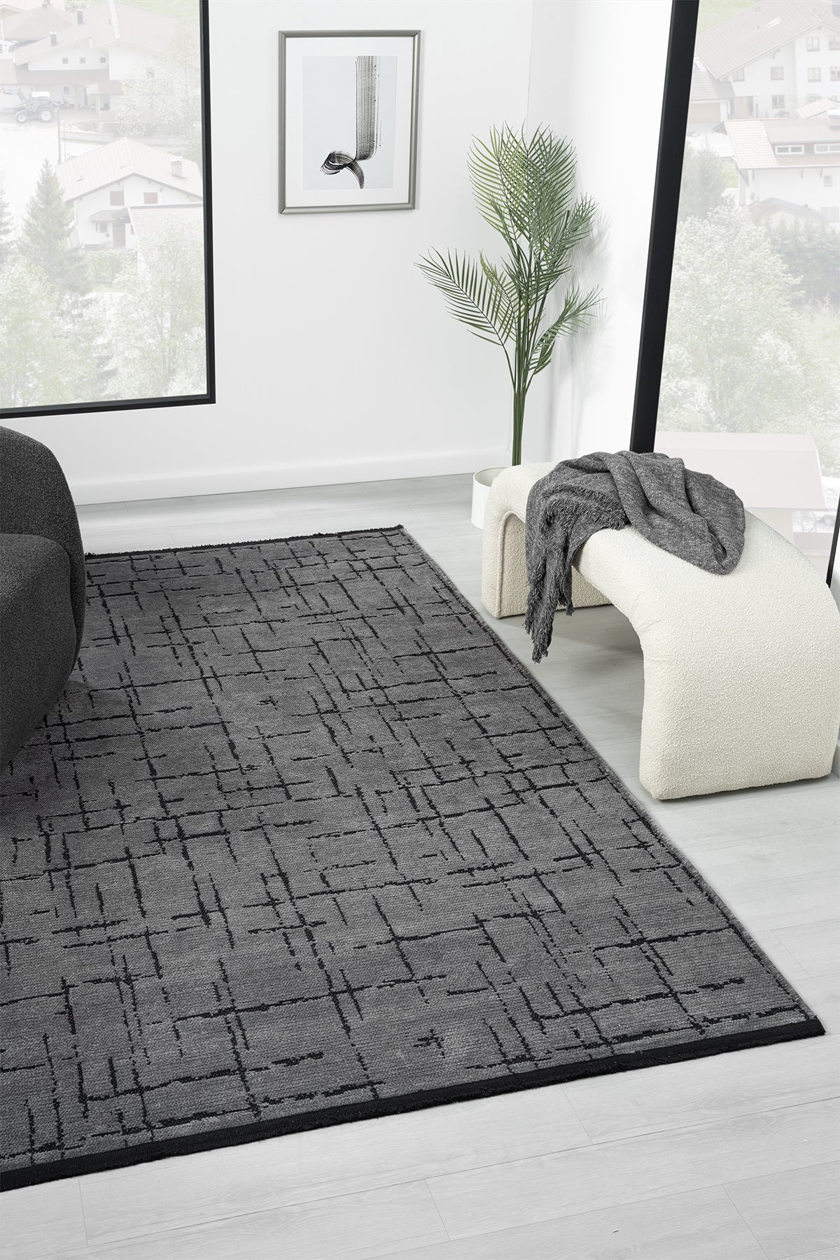 Gaia Antrasit Halı Yıkanabilir Kaymaz Taban Şönil Kilim Dokuma Pamuk Taban Kilim 10123