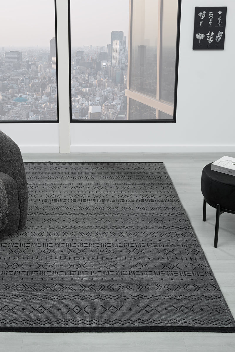 Gaia Antrasit Halı Yıkanabilir Kaymaz Taban Şönil Kilim Dokuma Pamuk Taban Kilim 10343