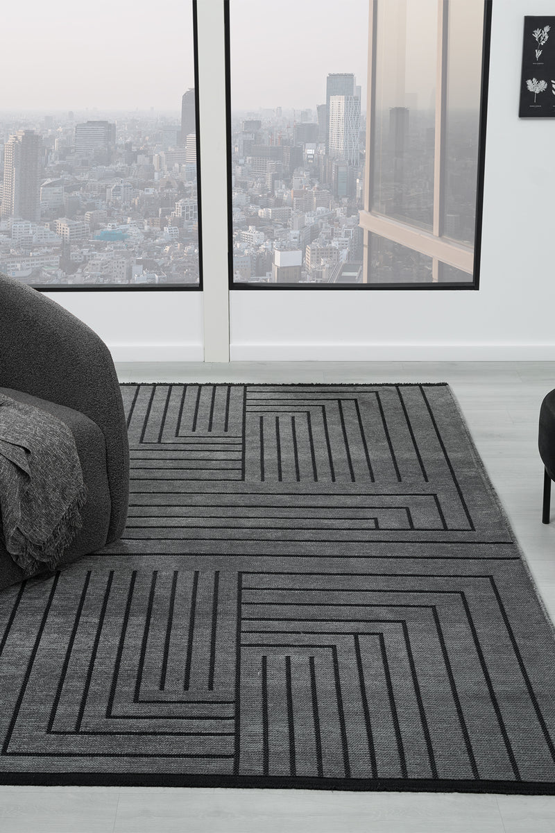 Gaia Antrasit Halı Yıkanabilir Kaymaz Taban Şönil Kilim Dokuma Pamuk Taban Kilim 10347