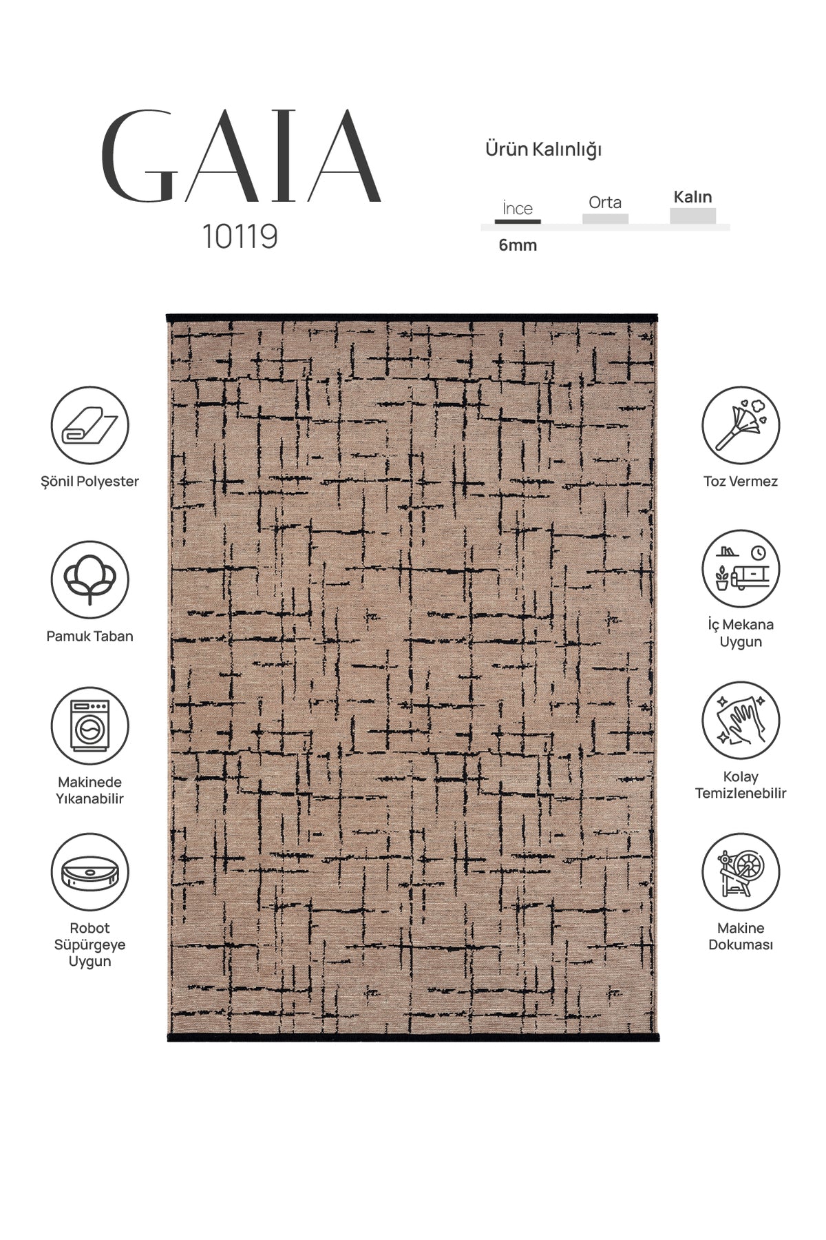 Gaia Bej Halı Yıkanabilir Kaymaz Taban Şönil Kilim Dokuma Pamuk Taban Kilim 10119
