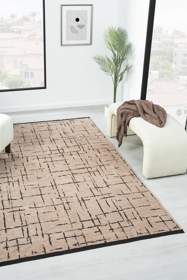 Gaia Bej Halı Yıkanabilir Kaymaz Taban Şönil Kilim Dokuma Pamuk Taban Kilim 10119