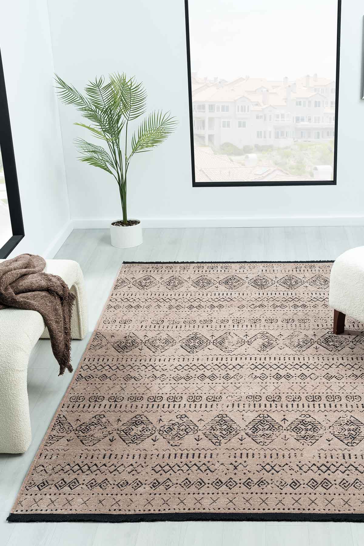 Gaia Bej Halı Yıkanabilir Kaymaz Taban Şönil Kilim Dokuma Pamuk Taban Kilim 10354