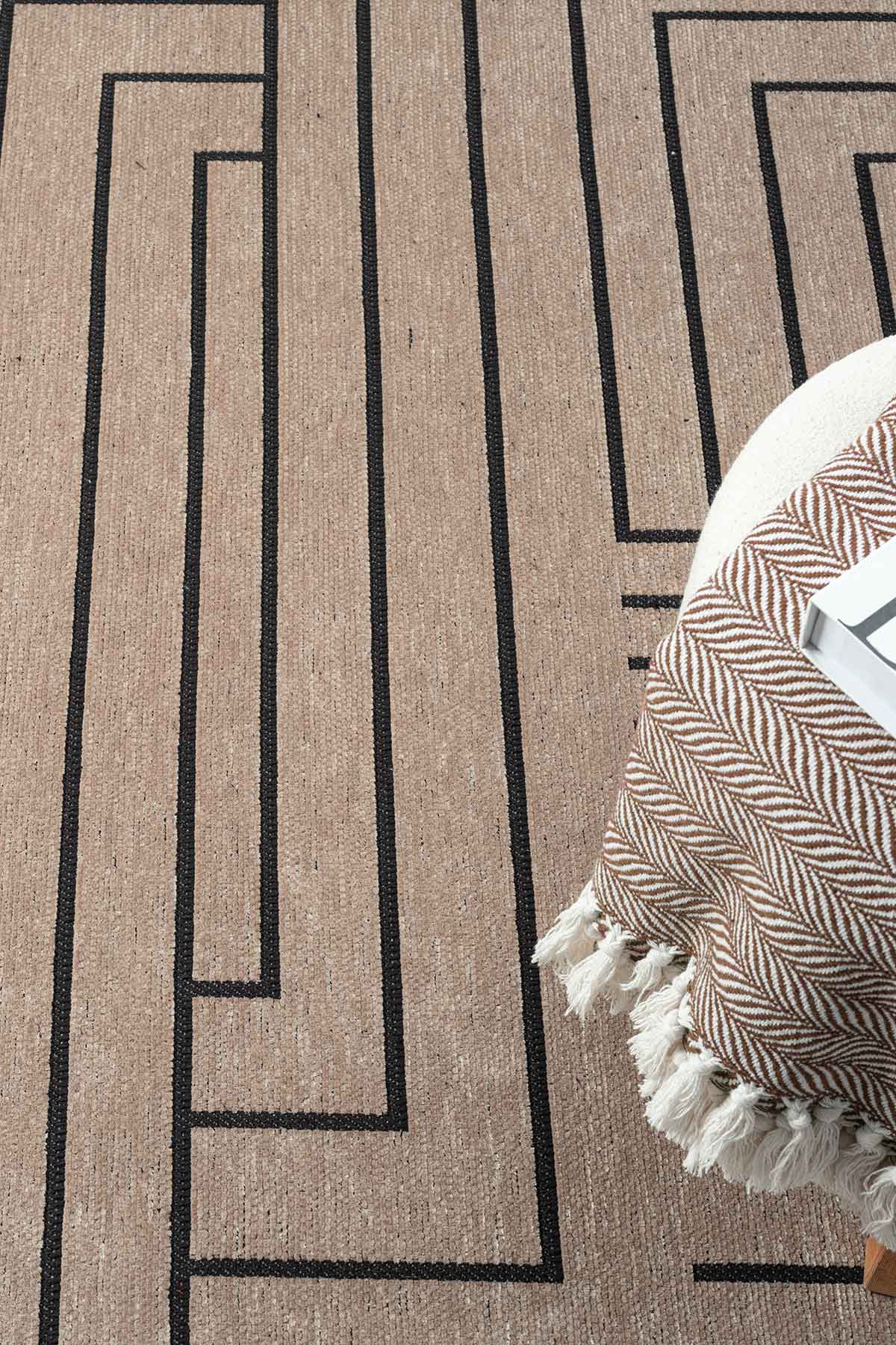 Gaia Bej Halı Yıkanabilir Kaymaz Taban Şönil Kilim Dokuma Pamuk Taban Kilim 10355