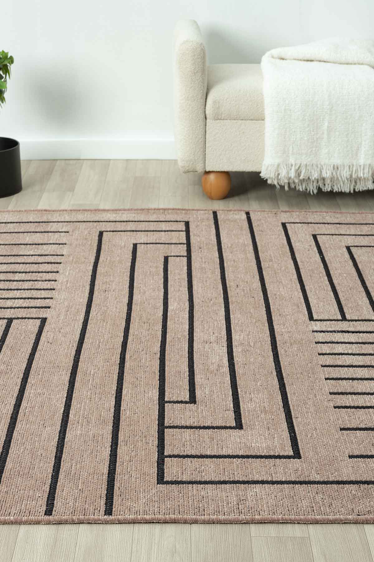 Gaia Bej Halı Yıkanabilir Kaymaz Taban Şönil Kilim Dokuma Pamuk Taban Kilim 10355