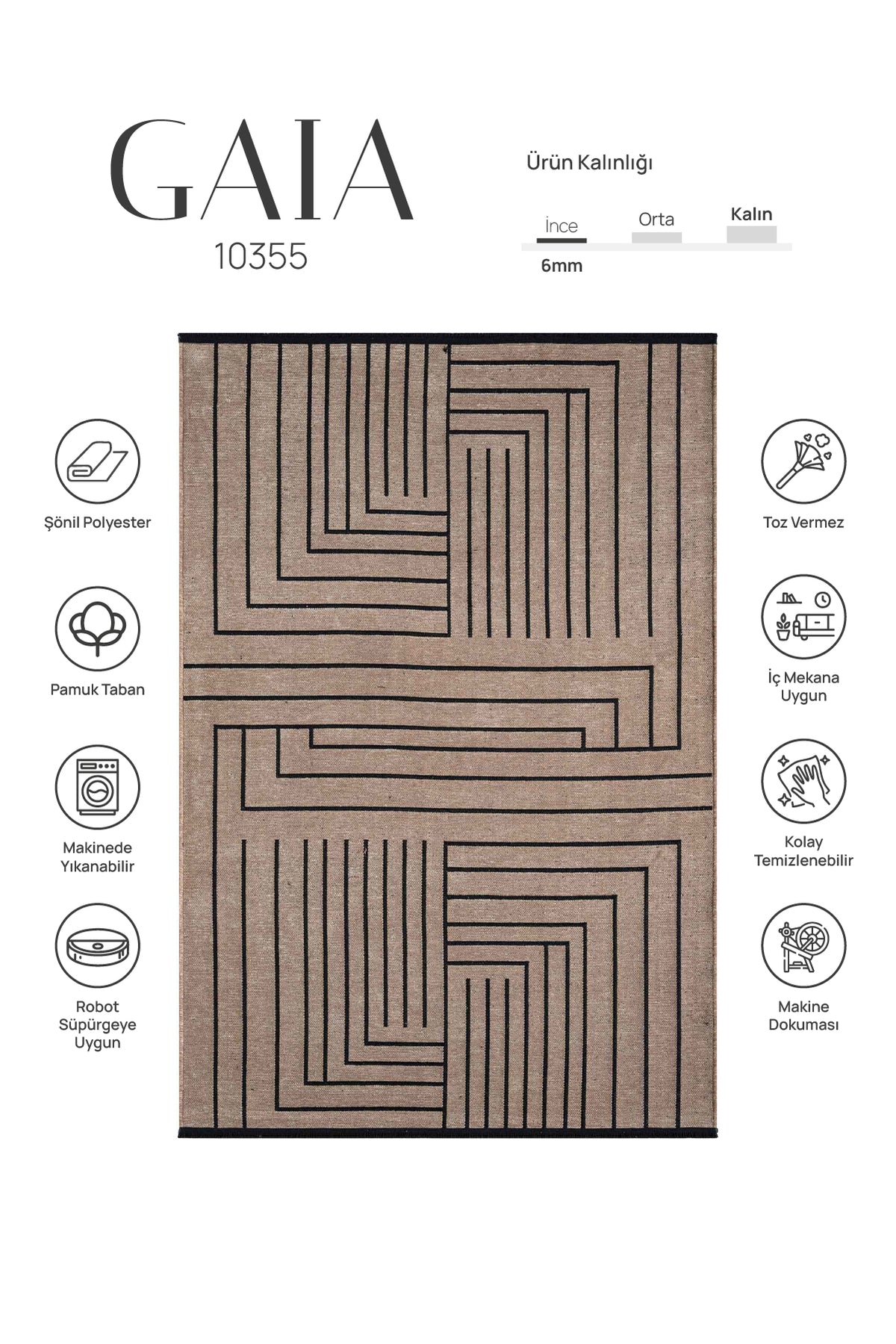 Gaia Bej Halı Yıkanabilir Kaymaz Taban Şönil Kilim Dokuma Pamuk Taban Kilim 10355