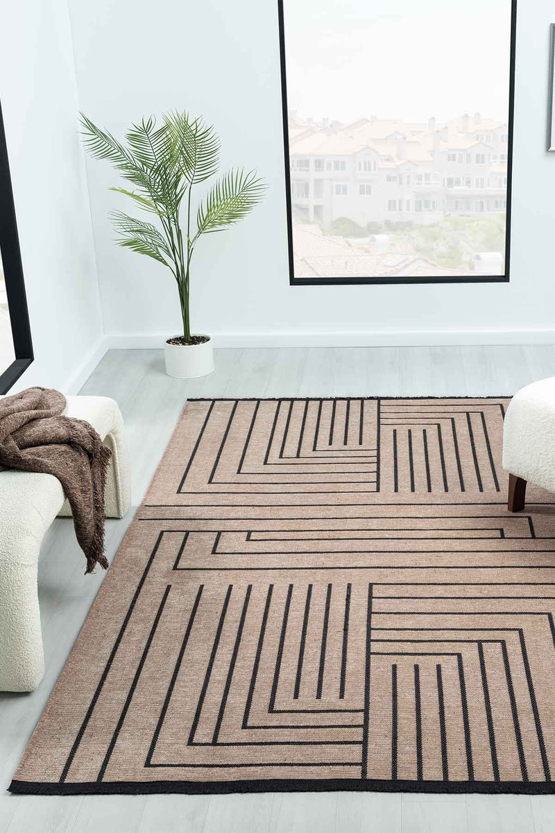 Gaia Bej Halı Yıkanabilir Kaymaz Taban Şönil Kilim Dokuma Pamuk Taban Kilim 10355