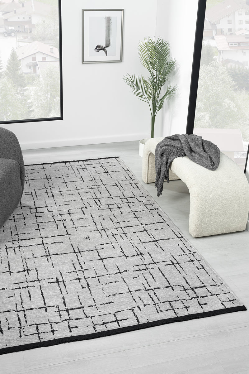 Gaia Gri Halı Yıkanabilir Kaymaz Taban Şönil Kilim Dokuma Pamuk Taban Kilim 10120