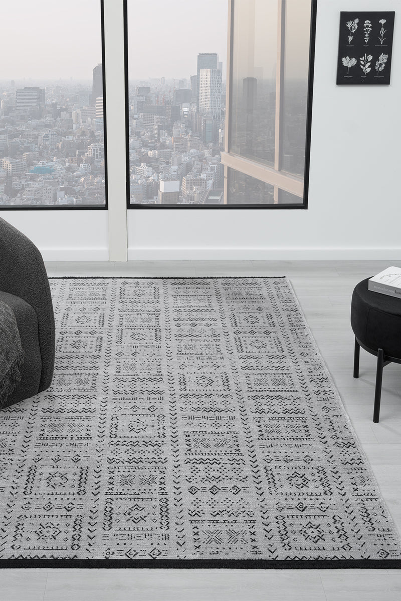 Gaia Gri Halı Yıkanabilir Kaymaz Taban Şönil Kilim Dokuma Pamuk Taban Kilim 10336