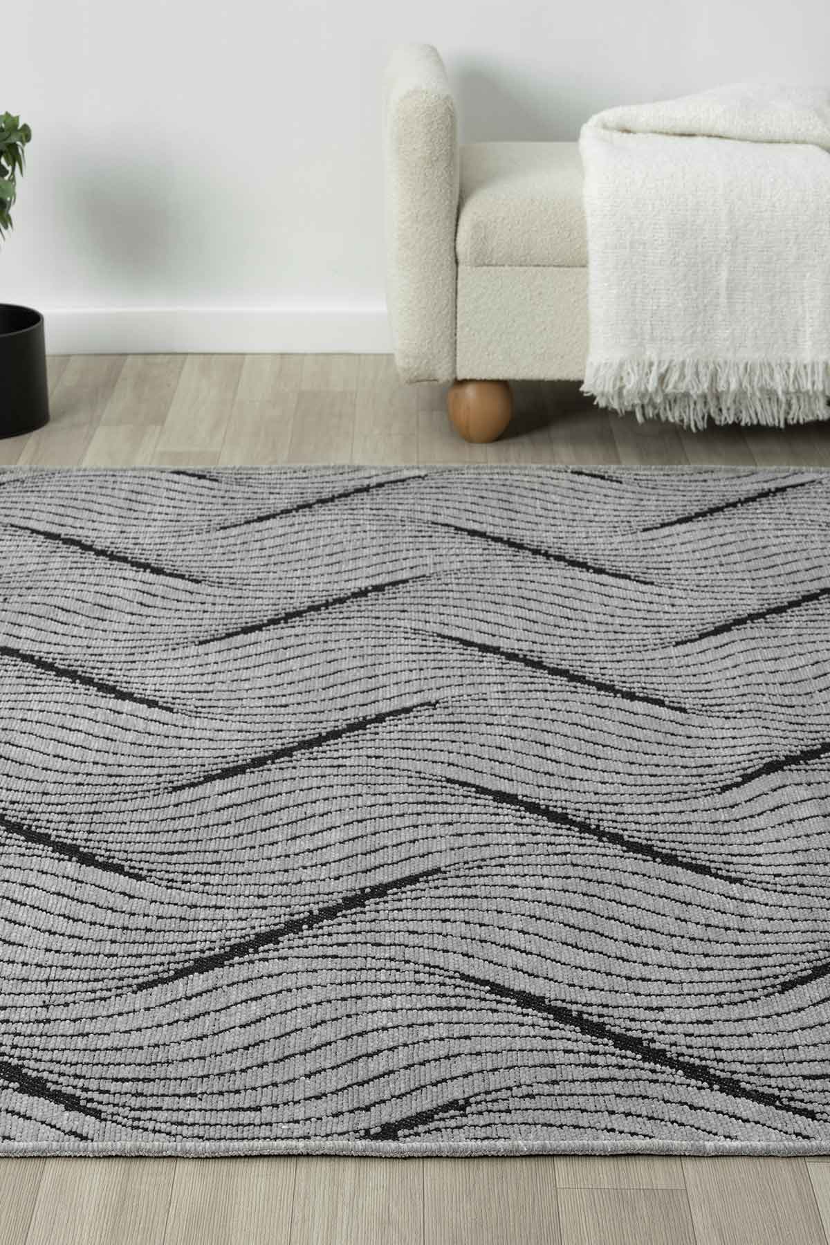 Gaia Gri Halı Yıkanabilir Kaymaz Taban Şönil Kilim Dokuma Pamuk Taban Kilim 10337