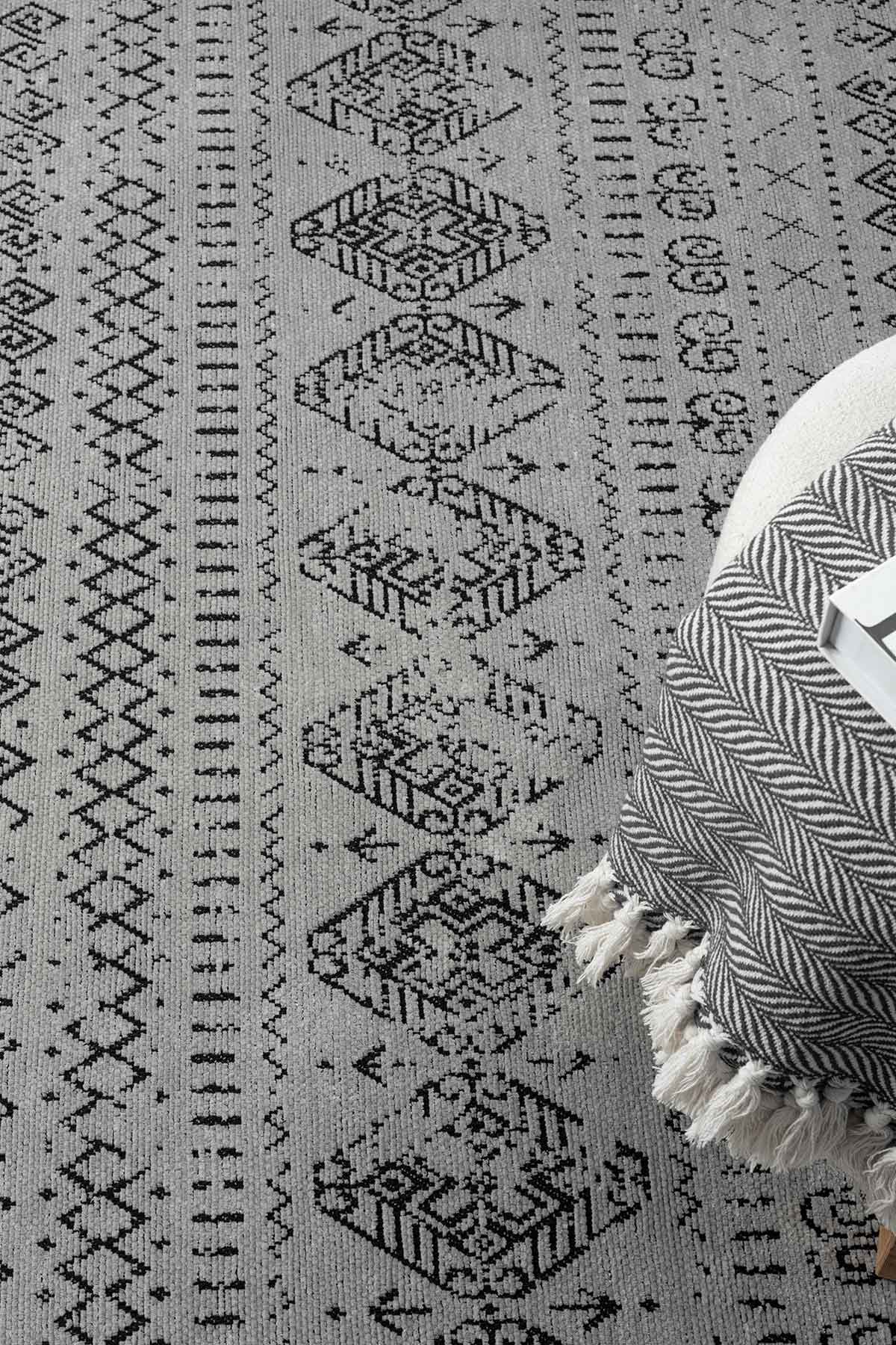 Gaia Gri Halı Yıkanabilir Kaymaz Taban Şönil Kilim Dokuma Pamuk Taban Kilim 10338