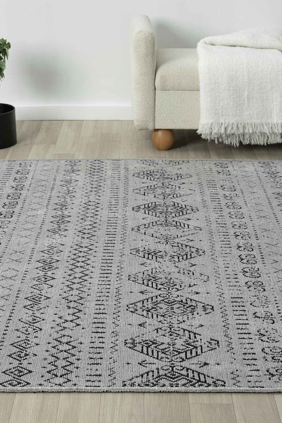 Gaia Gri Halı Yıkanabilir Kaymaz Taban Şönil Kilim Dokuma Pamuk Taban Kilim 10338