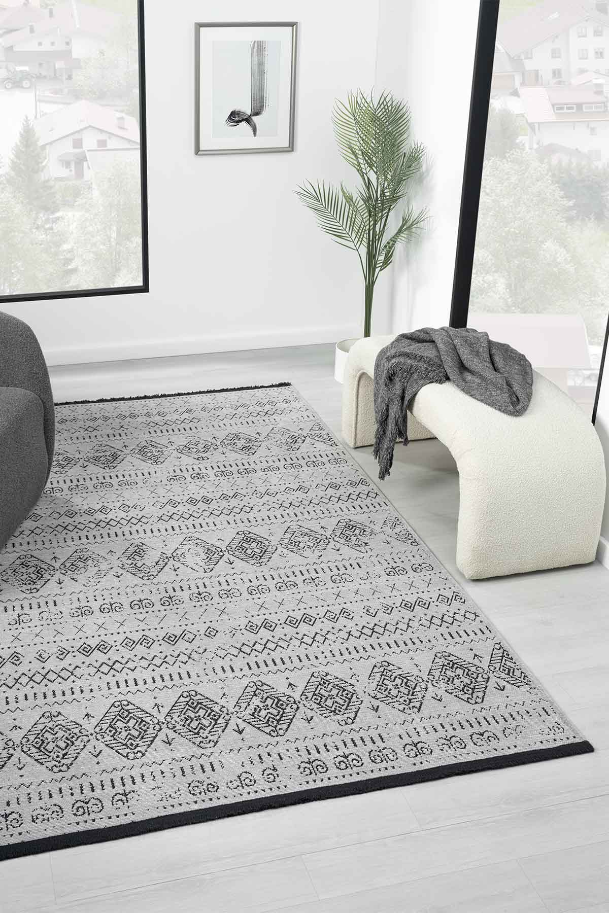 Gaia Gri Halı Yıkanabilir Kaymaz Taban Şönil Kilim Dokuma Pamuk Taban Kilim 10338
