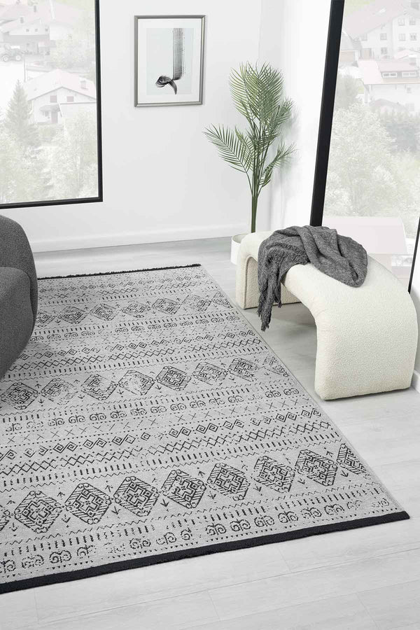 Gaia Gri Halı Yıkanabilir Kaymaz Taban Şönil Kilim Dokuma Pamuk Taban Kilim 10338