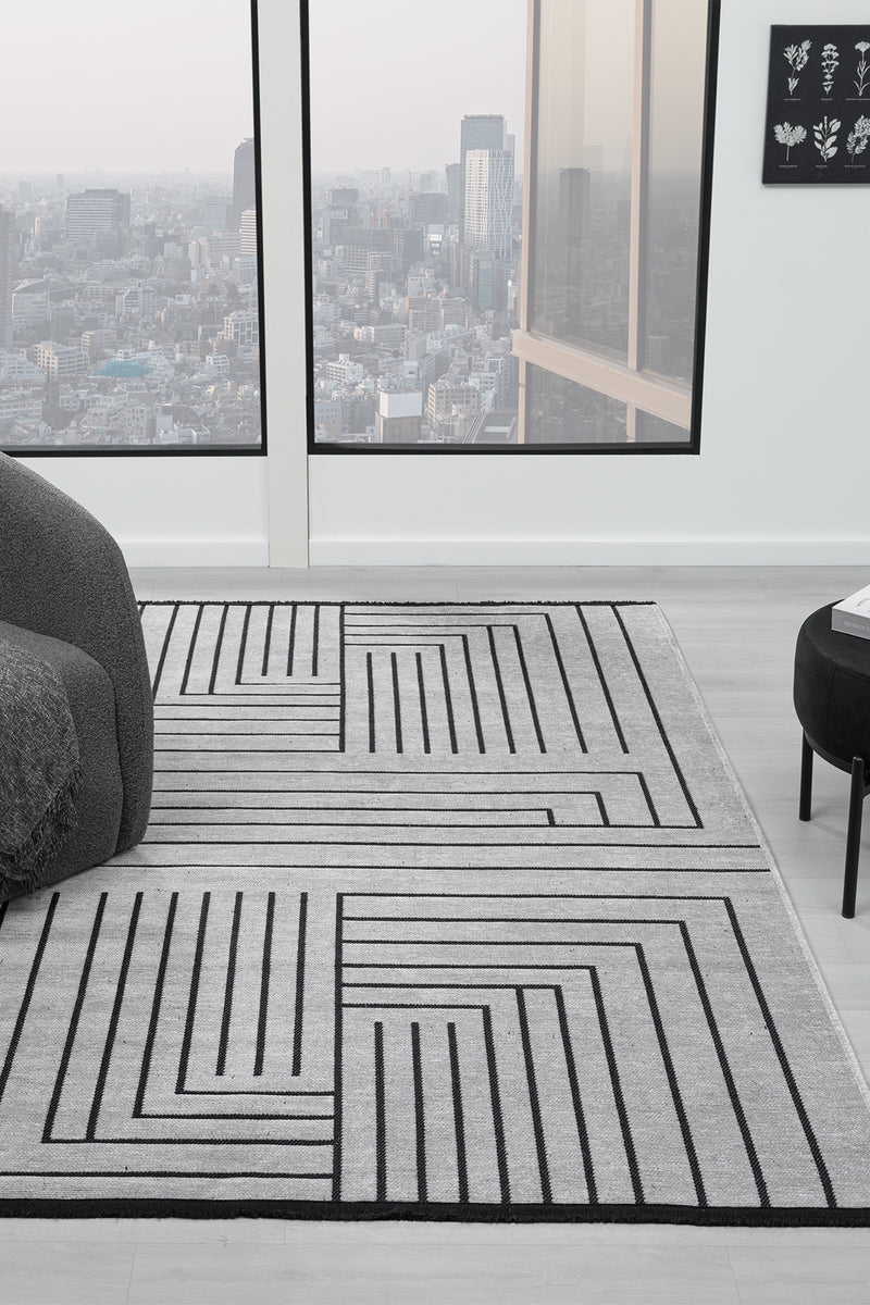 Gaia Gri Halı Yıkanabilir Kaymaz Taban Şönil Kilim Dokuma Pamuk Taban Kilim 10339