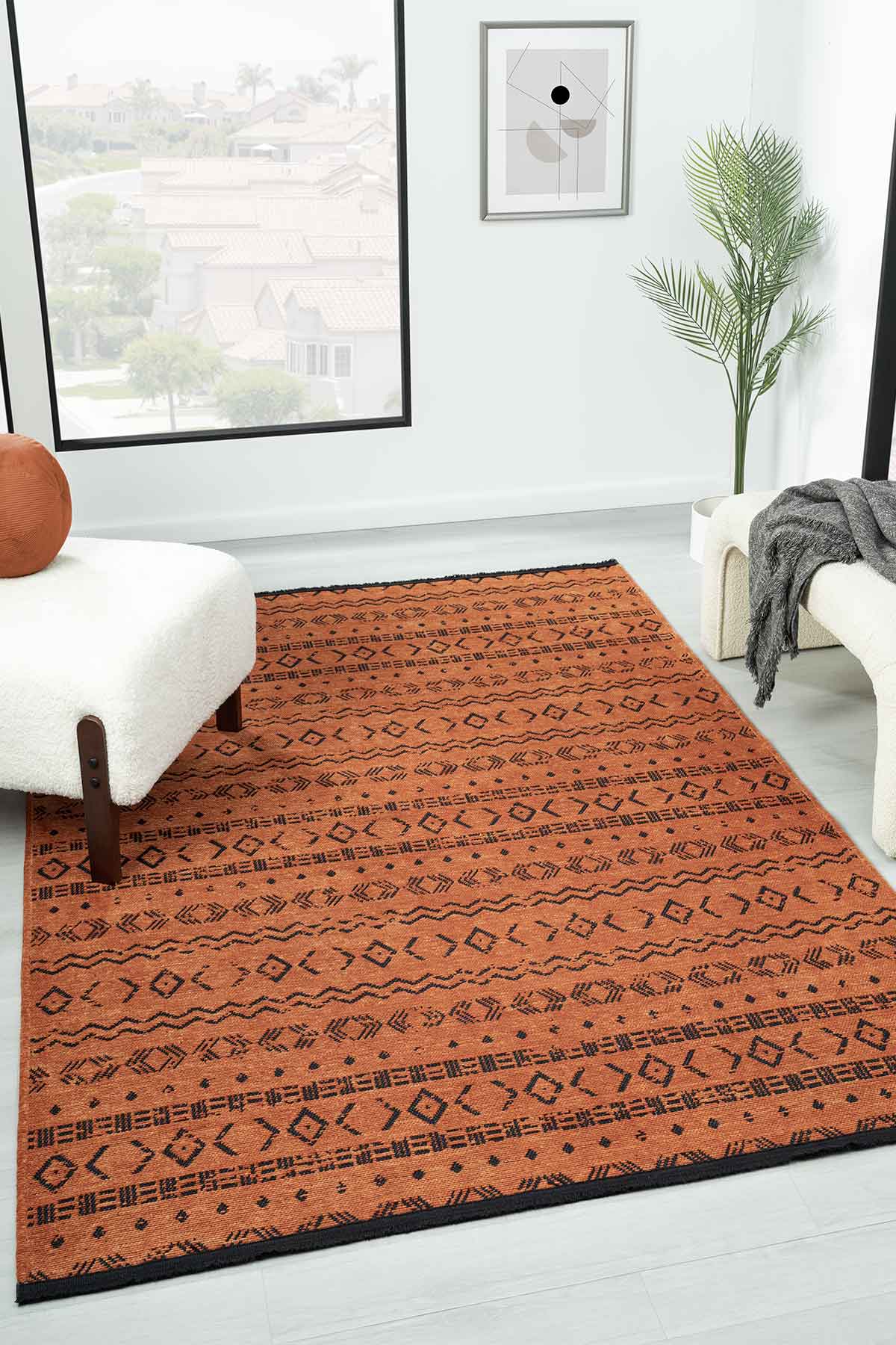 Gaia Kiremit Halı Yıkanabilir Kaymaz Taban Şönil Kilim Dokuma Pamuk Taban Kilim 10319
