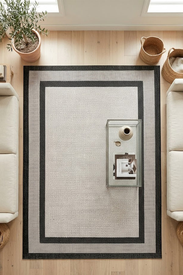 Sisal Prime Bej Siyah İskandinav Yıkanabilir Bordürlü Halı Kilim Balkon Teras Koridor Halısı 1149