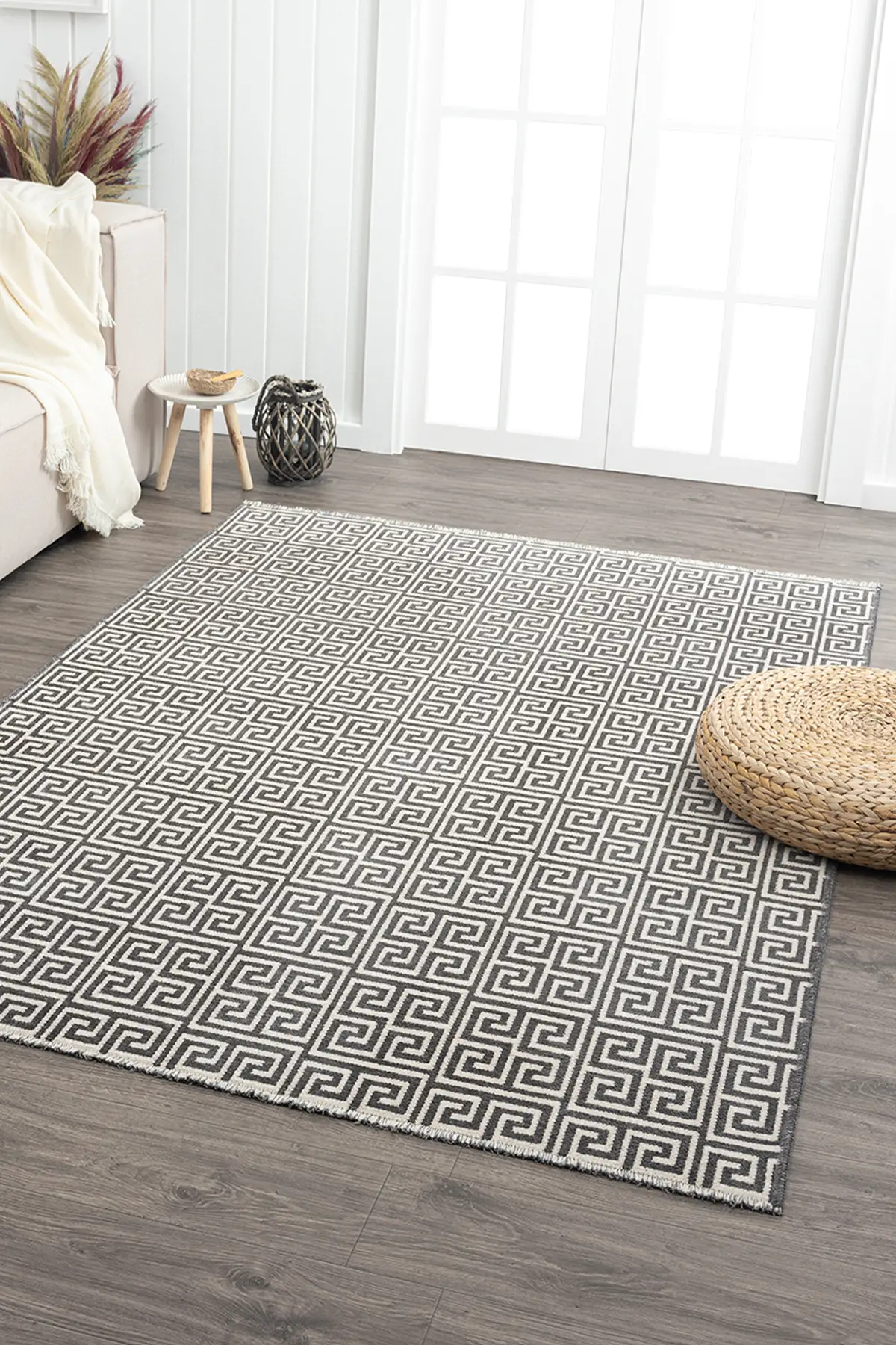 Ares Antrasit Krem Halı Yıkanabilir Kaymaz Taban Şönil Kilim Dokuma Pamuk Taban Kilim NV05