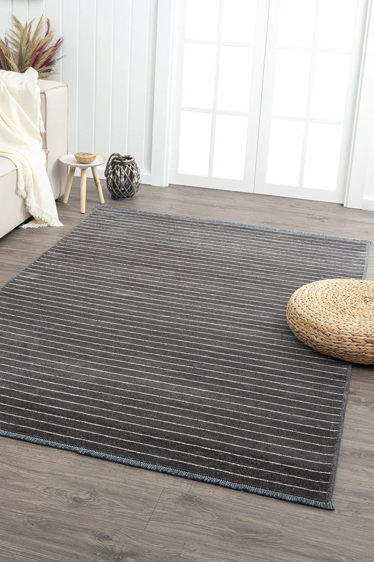 Ares Antrasit Krem Halı Yıkanabilir Kaymaz Taban Şönil Kilim Dokuma Pamuk Taban Kilim NV09