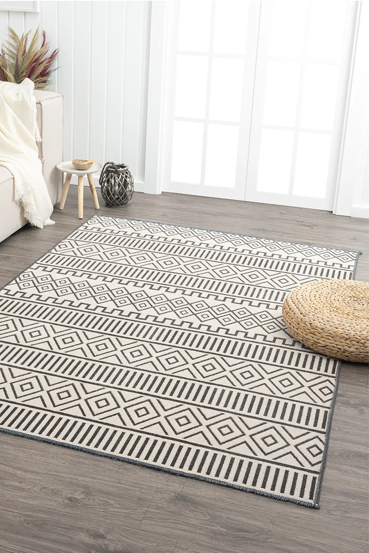 Ares Antrasit Krem Halı Yıkanabilir Kaymaz Taban Şönil Kilim Dokuma Pamuk Taban Kilim NV12