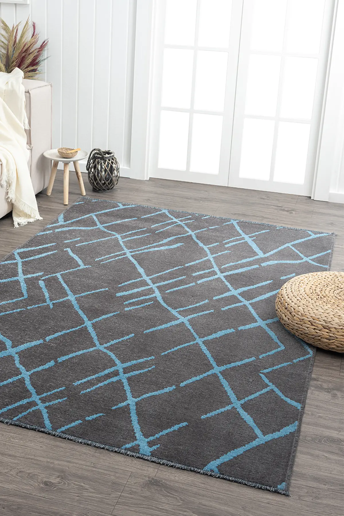 Ares Antrasit Mavi Halı Yıkanabilir Kaymaz Taban Şönil Kilim Dokuma Pamuk Taban Kilim NV26