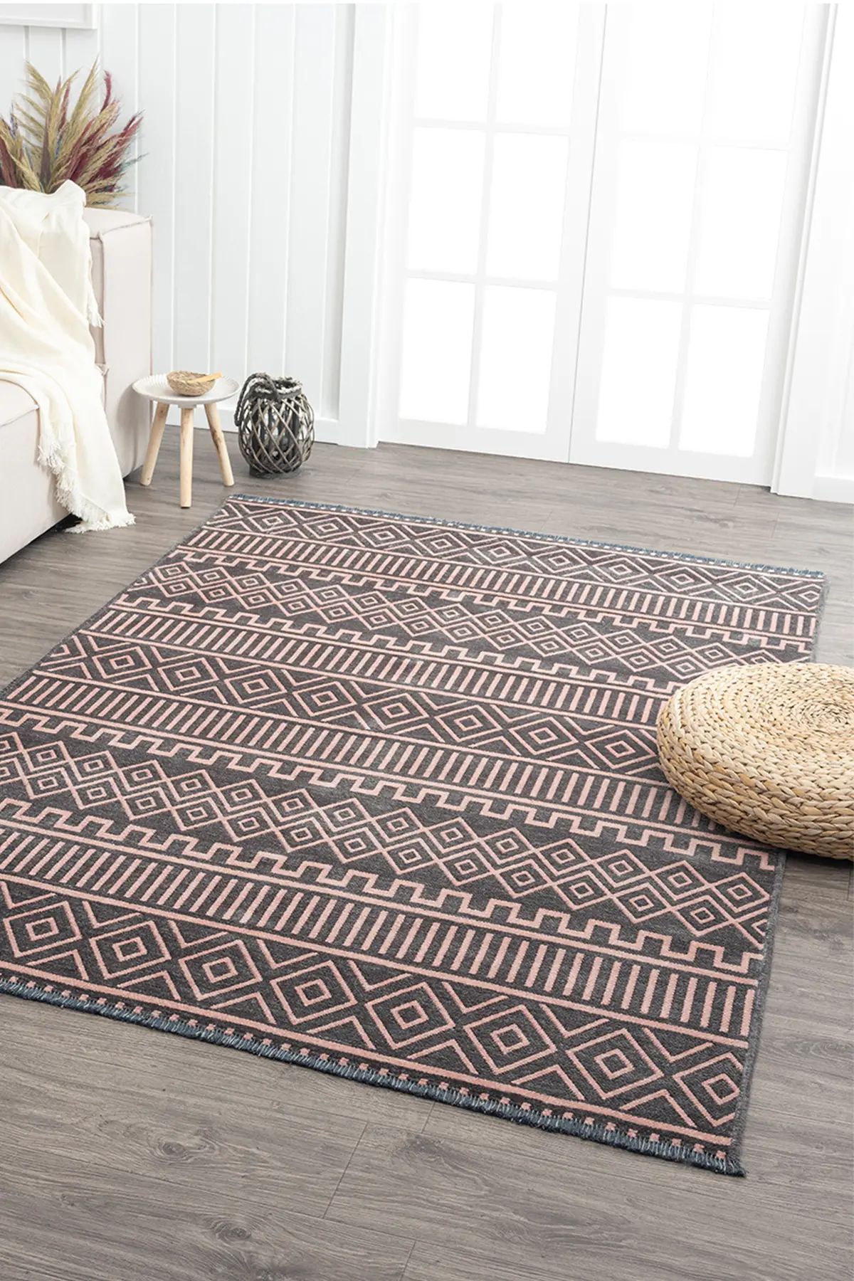 Ares Antrasit Pembe Halı Yıkanabilir Kaymaz Taban Şönil Kilim Dokuma Pamuk Taban Kilim NV13