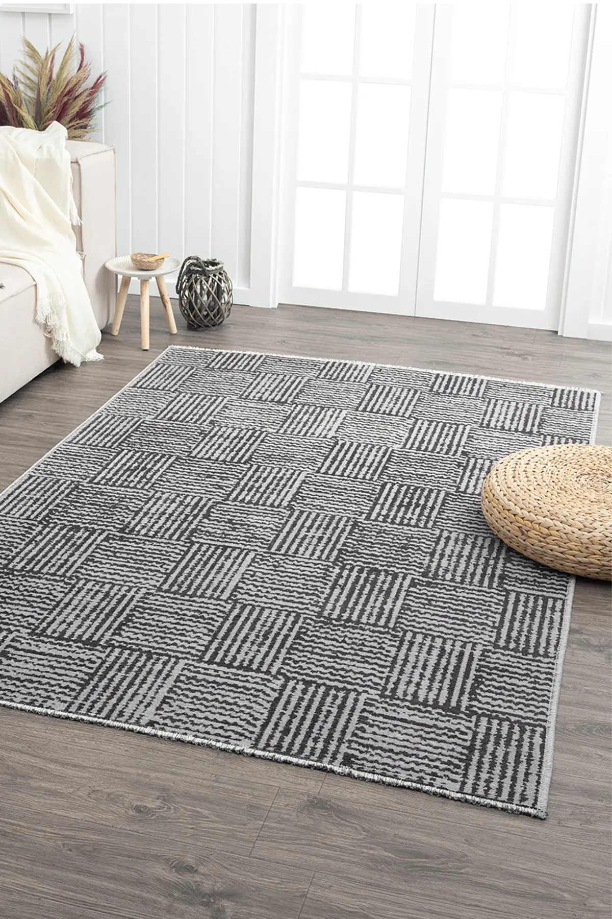 Ares Gri Antrasit Halı Yıkanabilir Kaymaz Taban Şönil Kilim Dokuma Pamuk Taban Kilim NV01