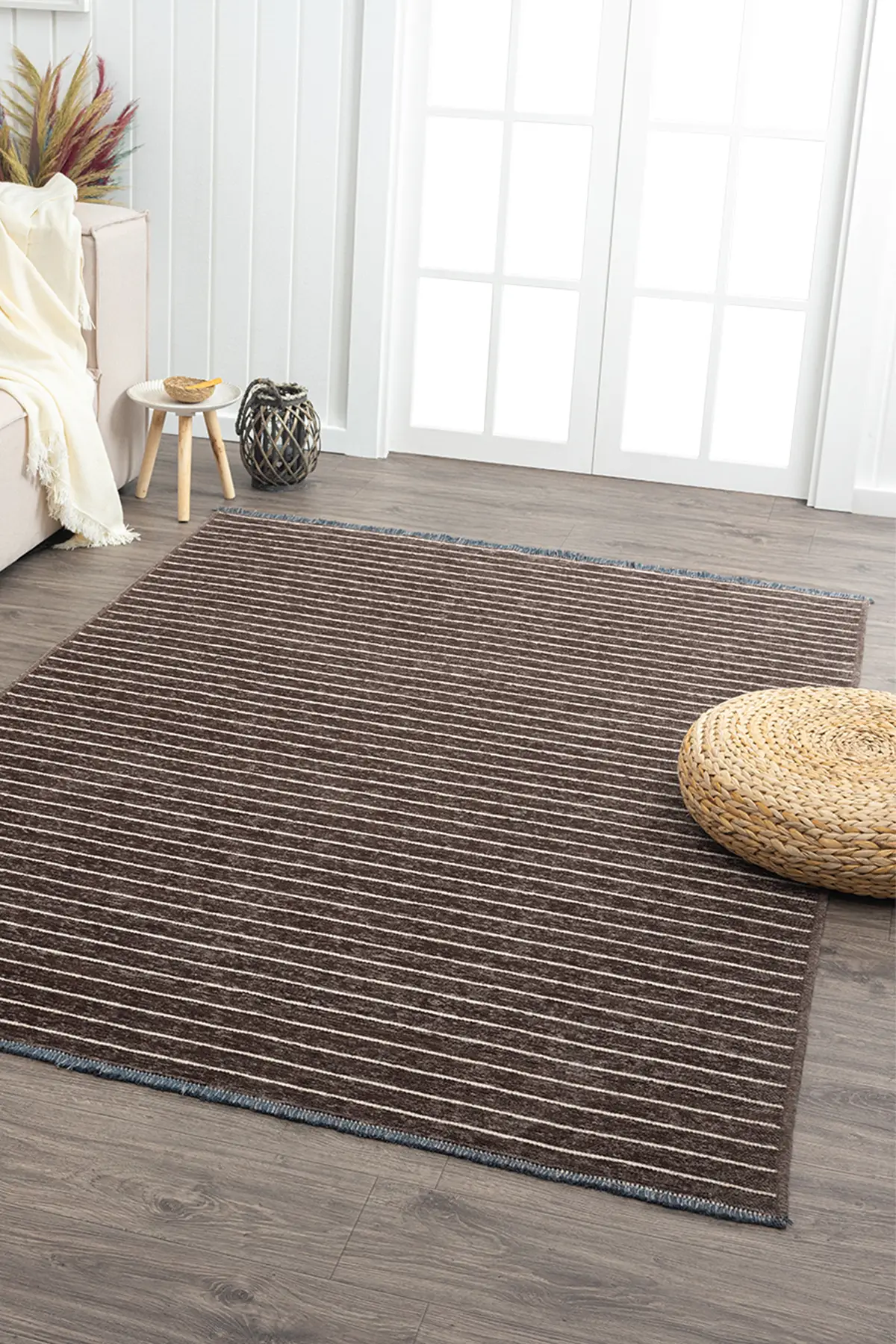Ares Kahve Krem Halı Yıkanabilir Kaymaz Taban Şönil Kilim Dokuma Pamuk Taban Kilim NV10
