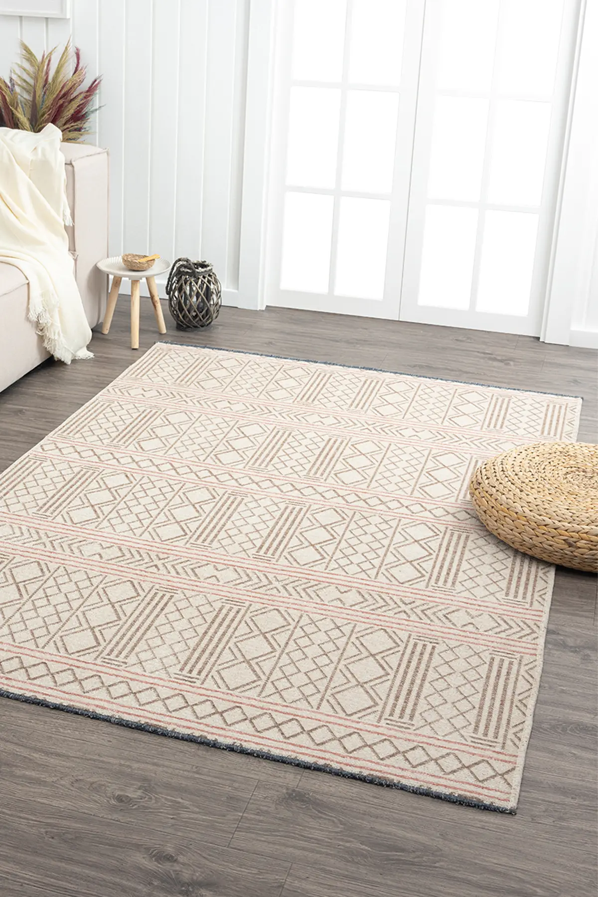 Ares Kemik Bej Halı Yıkanabilir Kaymaz Taban Şönil Kilim Dokuma Pamuk Taban Kilim NV17