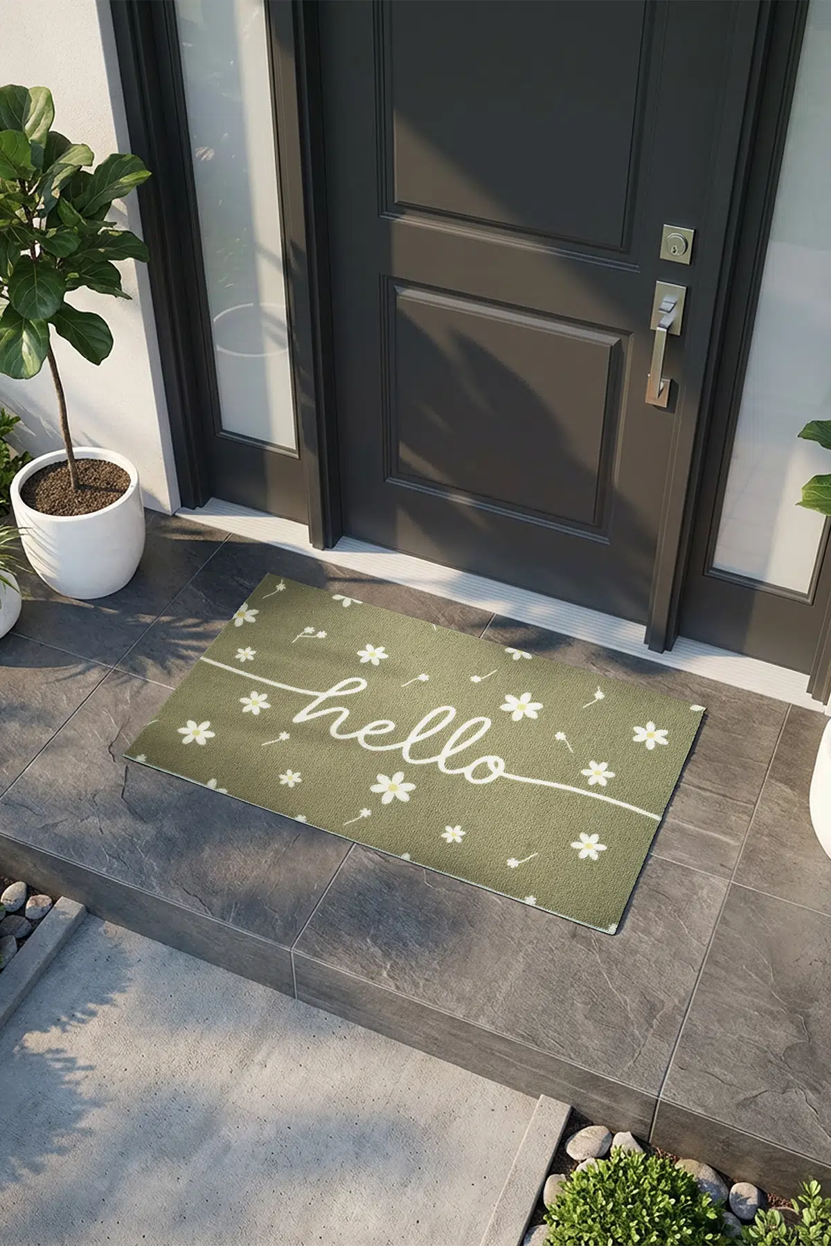 Charm Haki Beyaz Hello Paspas Dış Kapı Paspası Kıl Kapı Önü Paspası 2010