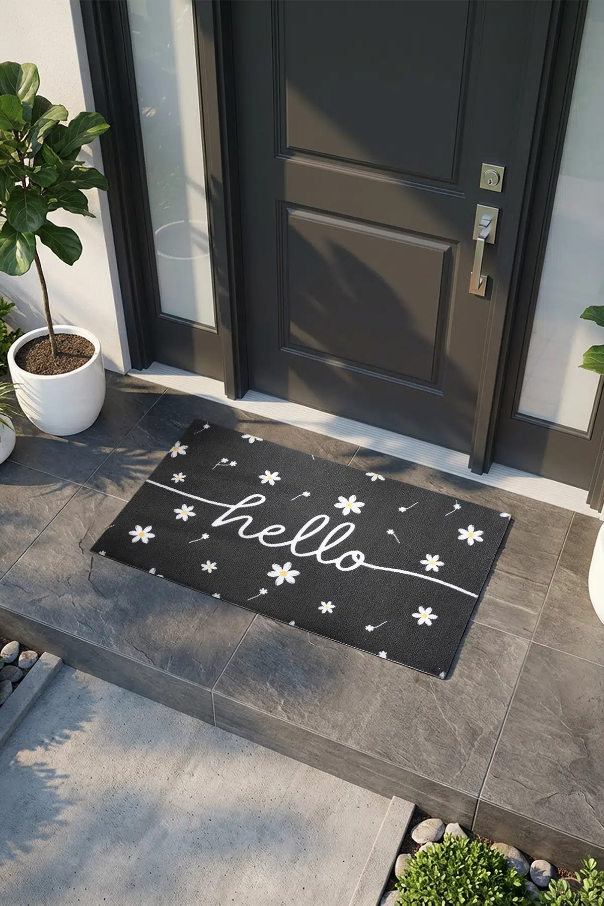Charm Siyah Beyaz Hello Paspas Dış Kapı Paspası Kıl Kapı Önü Paspası 2006